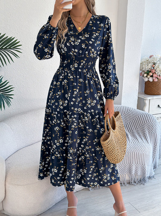 Women's Elegant Floral V-Neck Long Sleeve Waist-Defined Hem Ruffle A-Line Dress
