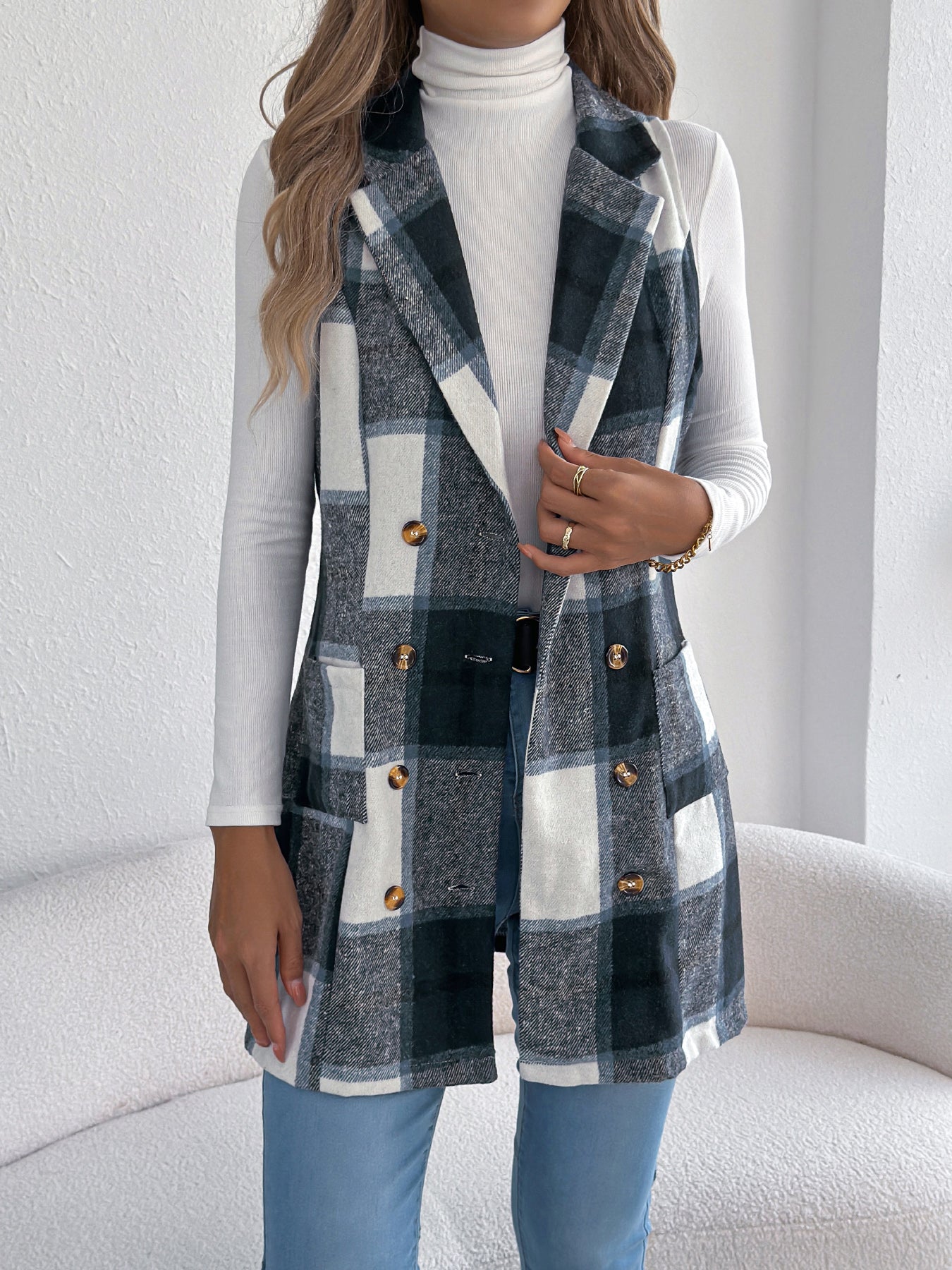 Women's Plaid Double-Breasted Pocket Tweed Long Vest