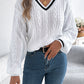 Color Block V-Neck Cable Knit Lantern Sleeve Sweater