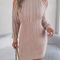 Women Casual Off-Shoulder Half Turtleneck Cable Knit Lantern Sleeve Bodycon Sweater Dress