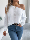 Women Casual Solid Color Hollow Out Off-Shoulder Long Sleeve Pullover Sweater