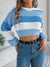Women Casual Color Block Lantern Sleeve Cropped Pullover Sweater