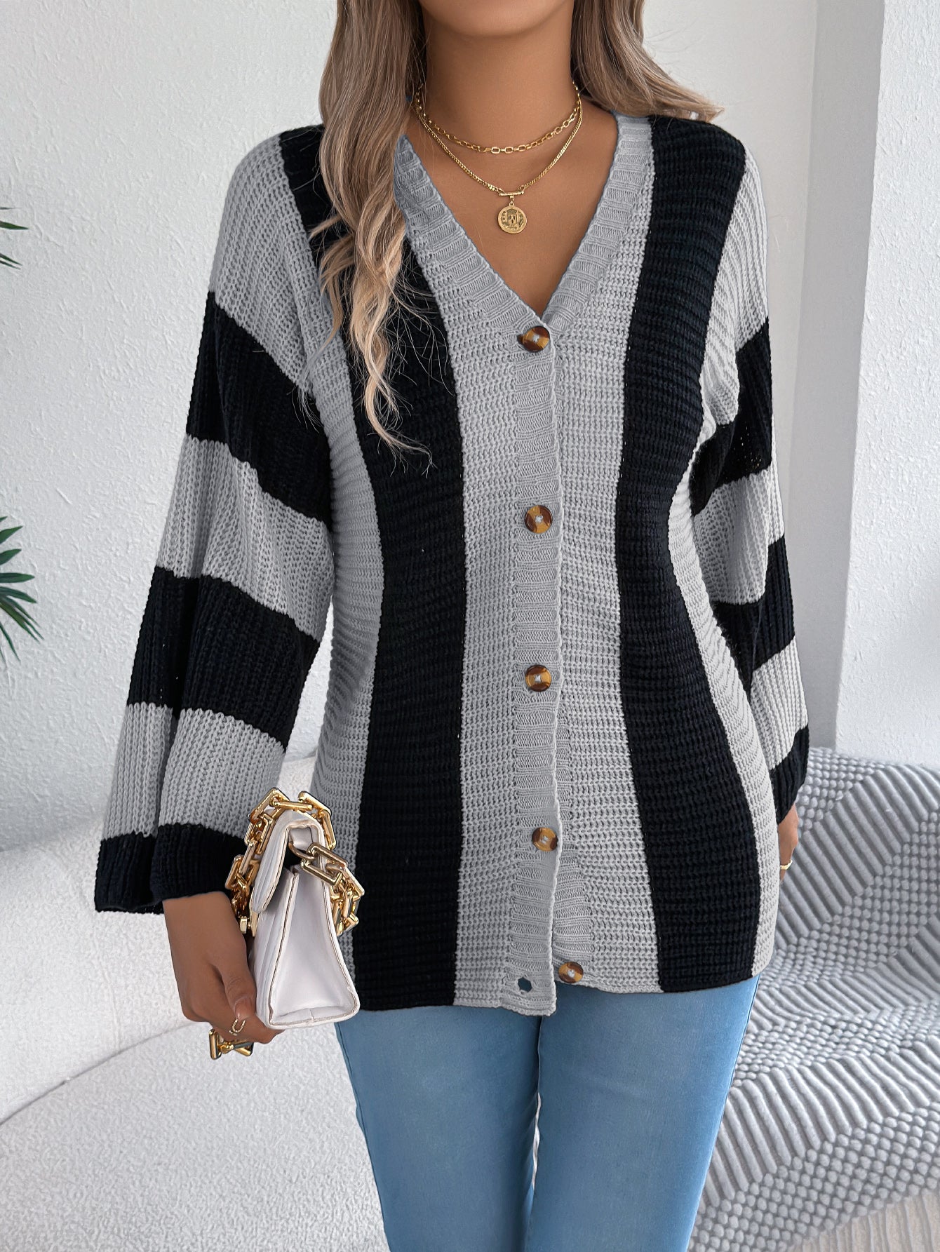 Women Color Block Stripe Bell Sleeve Long Sleeve Cardigan Sweater Coat