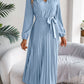 Women's Elegant V-Neck Button Tie-Waist Flared Pleated Maxi Dress