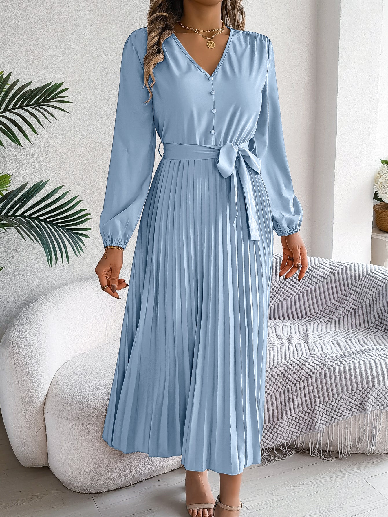 Women's Elegant V-Neck Button Tie-Waist Flared Pleated Maxi Dress