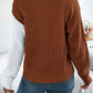Women Casual V-Neck Button Color Block Lantern Sleeve Pullover Sweater