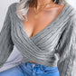 Women Sexy Cross V-Neck Cable Knit Long Sleeve Cropped Sweater