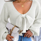 Women Fashion Bow V-Neck Lantern Sleeve Cropped Sweater