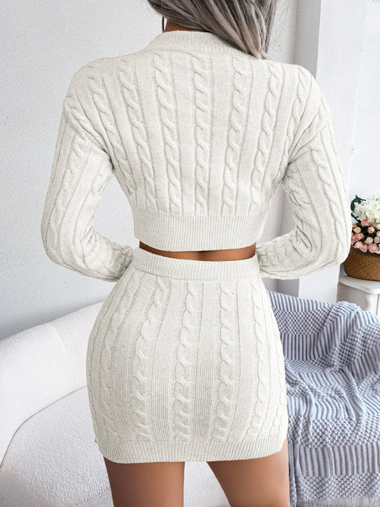 Casual Cable Knit Cropped Sweater Bodycon Dress Set