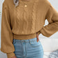 Women Casual Cable Knit Lantern Sleeve Cinched Sweater