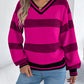Women V-Neck Color Block Stripe Lantern Sleeve Pullover Sweater