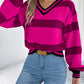 Women V-Neck Color Block Stripe Lantern Sleeve Pullover Sweater