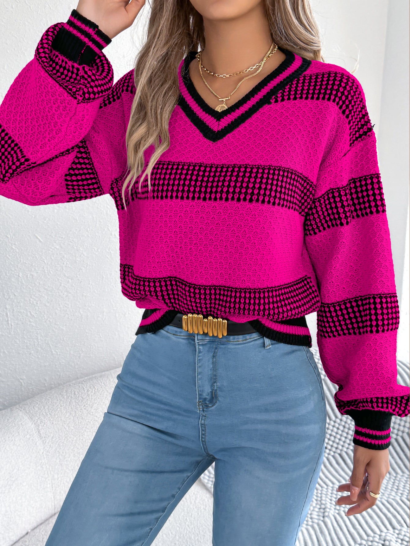 Women V-Neck Color Block Stripe Lantern Sleeve Pullover Sweater