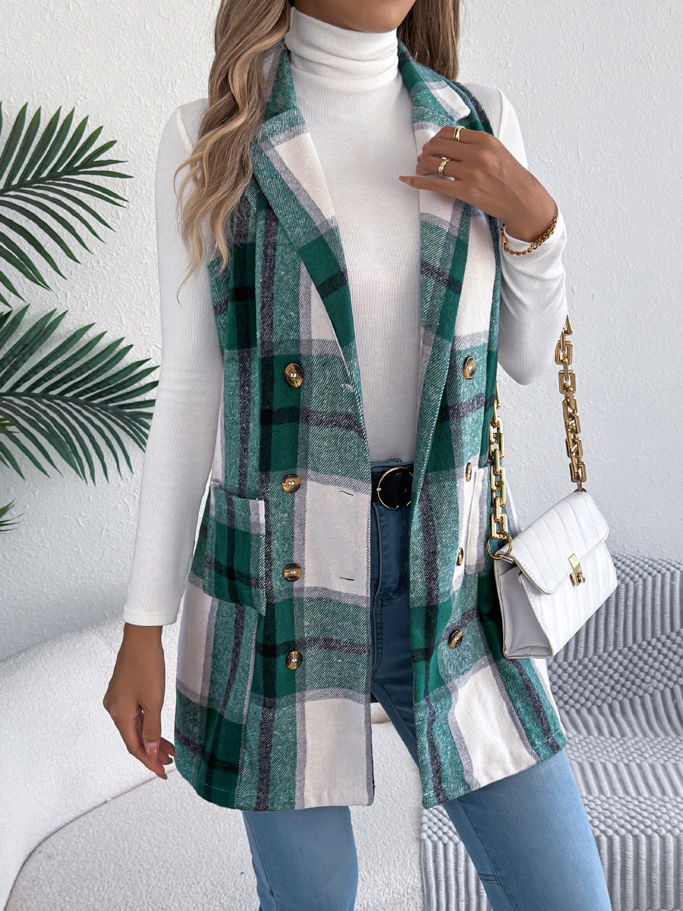 Women's Plaid Double-Breasted Pocket Tweed Long Vest
