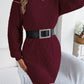 Women Solid Color Cable Knit Cinched Lantern Sleeve Sweater Dress