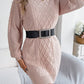 Women Solid Color Cable Knit Cinched Lantern Sleeve Sweater Dress