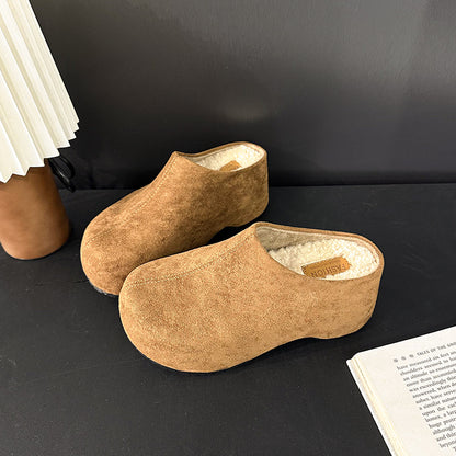 Stylish Round-toe Chunky-heel Platform Closed-toe Half-slipper With Fleece Lining For Warmthtrendy Womens Slippers