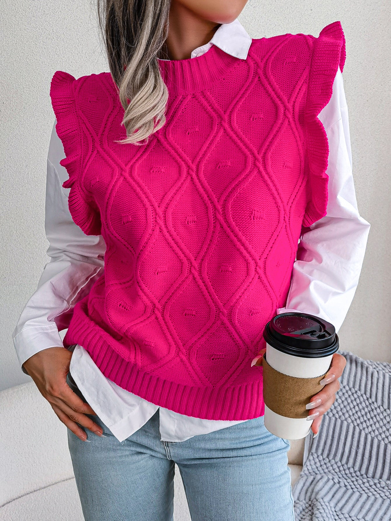 Women Ruffled Diamond Knit Sweater Vest