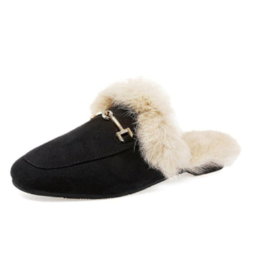 Rabbit Fur Suede Semi Leather Ball Flat Bottom Velvet Slippers