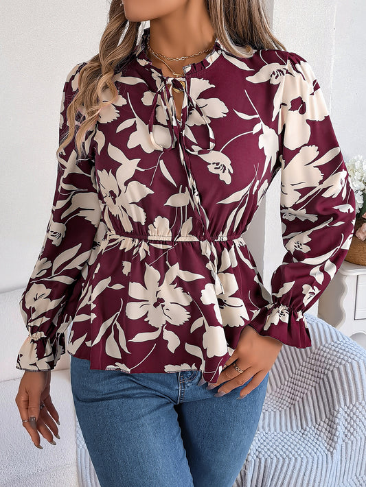 Women's Floral Tie-Waist Long Sleeve Chiffon Top