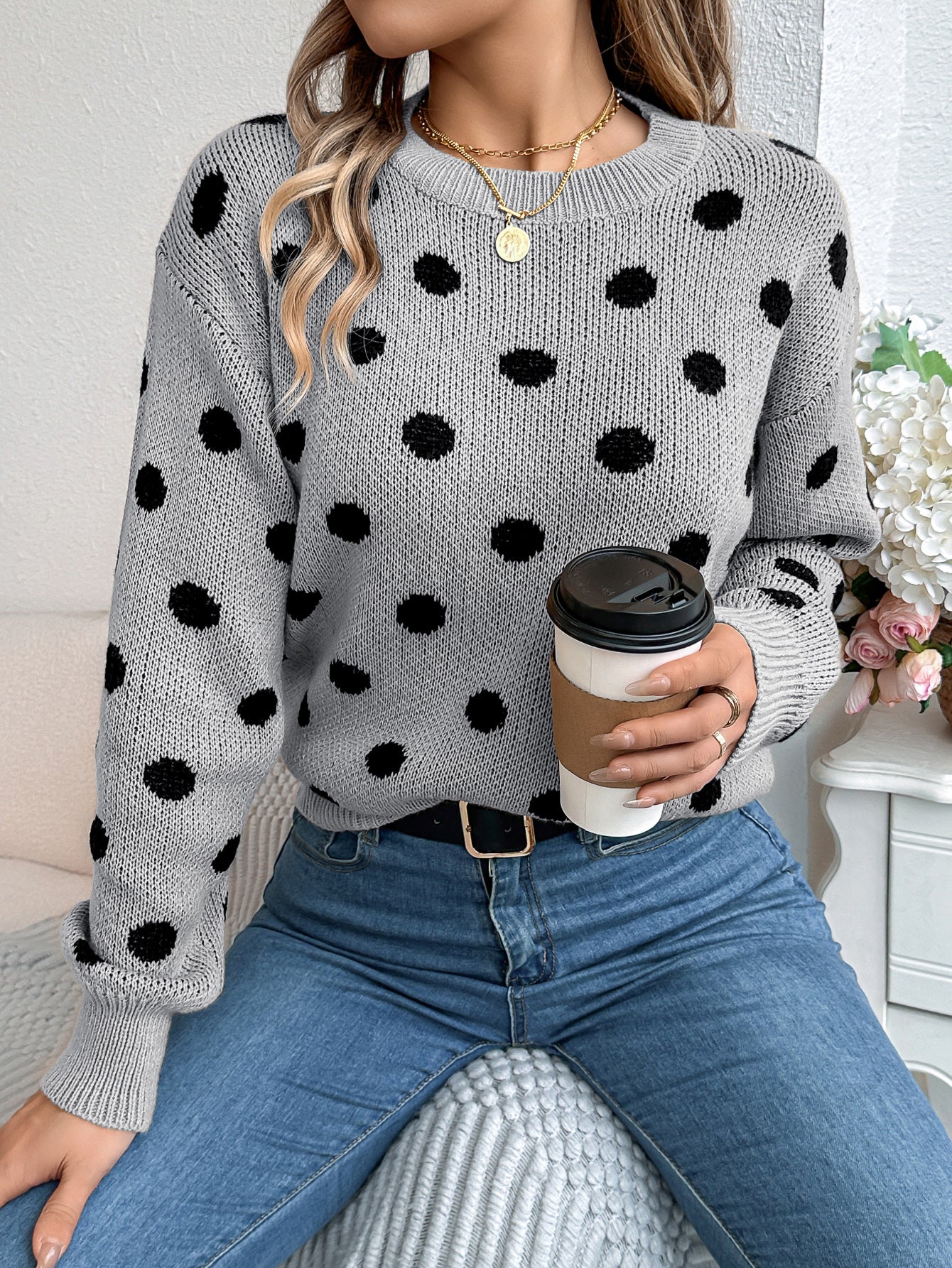 Casual Color Block Polka Dot Long Sleeve Pullover Sweater