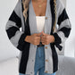 Women Color Block Stripe Bell Sleeve Long Sleeve Cardigan Sweater Coat