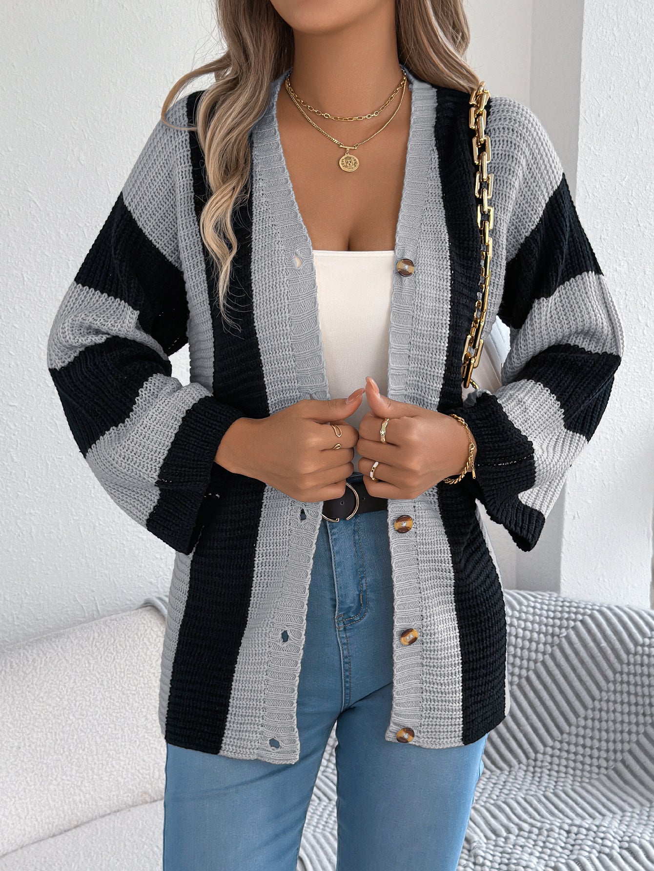 Women Color Block Stripe Bell Sleeve Long Sleeve Cardigan Sweater Coat
