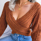 Women Sexy Cross V-Neck Cable Knit Long Sleeve Cropped Sweater