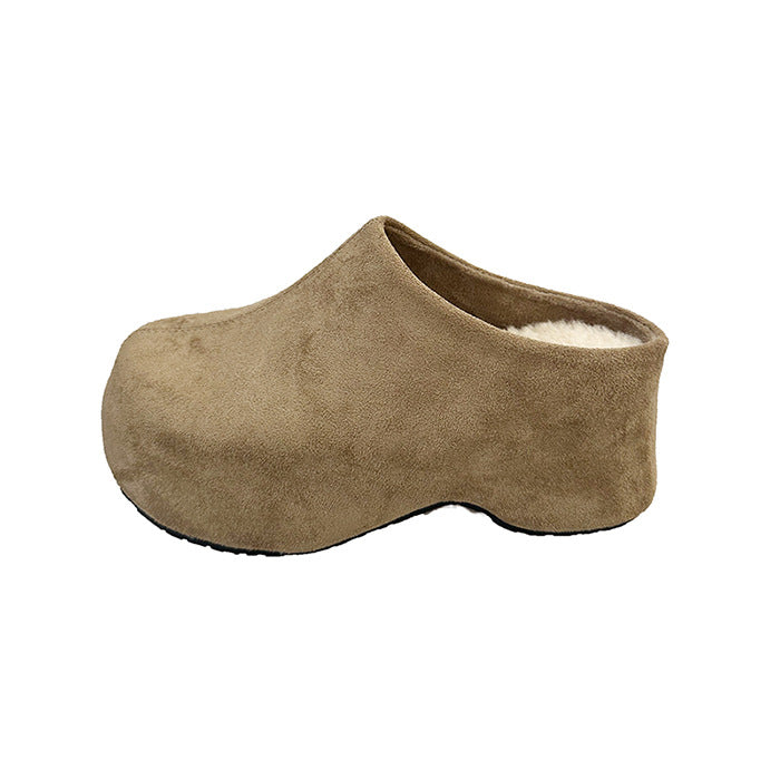 Stylish Round-toe Chunky-heel Platform Closed-toe Half-slipper With Fleece Lining For Warmthtrendy Womens Slippers