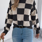 Women's High Neck Color-Blocked Plaid Lantern Sleeve Sweater
