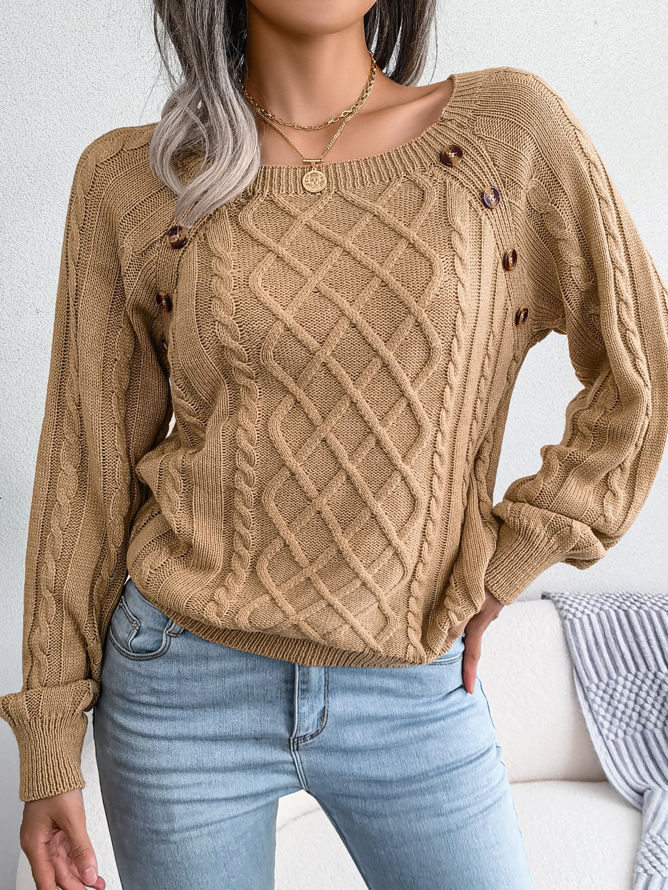 Casual Square Neck Buttoned Cable Knit Pullover Sweater
