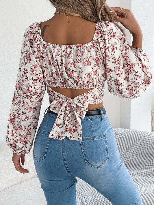 Women's Floral Lantern Sleeve Tie-Waist Chiffon Crop Top