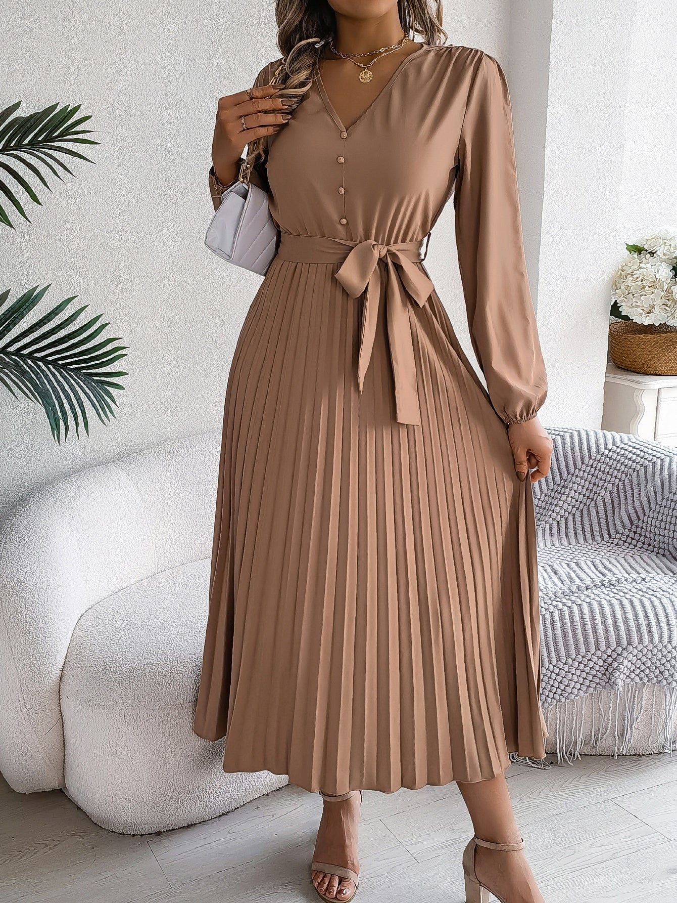 Women's Elegant V-Neck Button Tie-Waist Flared Pleated Maxi Dress