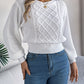 Solid Color Cable Knit Lantern Sleeve Cinched Pullover Sweater