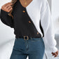 Women Casual V-Neck Button Color Block Lantern Sleeve Pullover Sweater