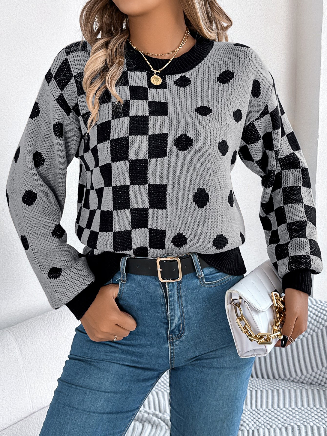 Women Casual Color Block Polka Dot Plaid Lantern Sleeve Pullover Sweater