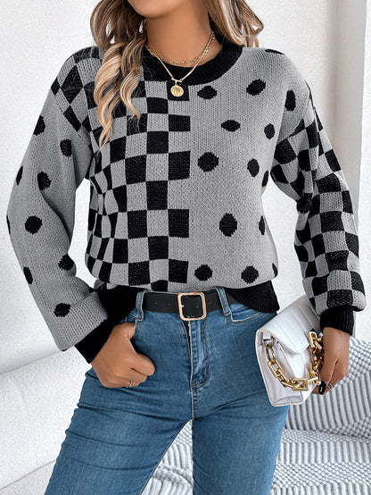 Women Casual Color Block Polka Dot Plaid Lantern Sleeve Pullover Sweater