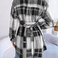 Women's Color-Blocked Plaid Long Sleeve Tie-Waist Thick Tweed Coat