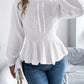 Women Solid Color Cable Knit Cinched Waist Ruffled Long Sleeve Pullover Sweater