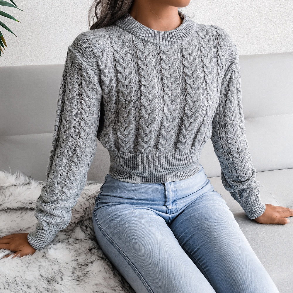 Cable Knit Waist Cinched Cropped Sweater