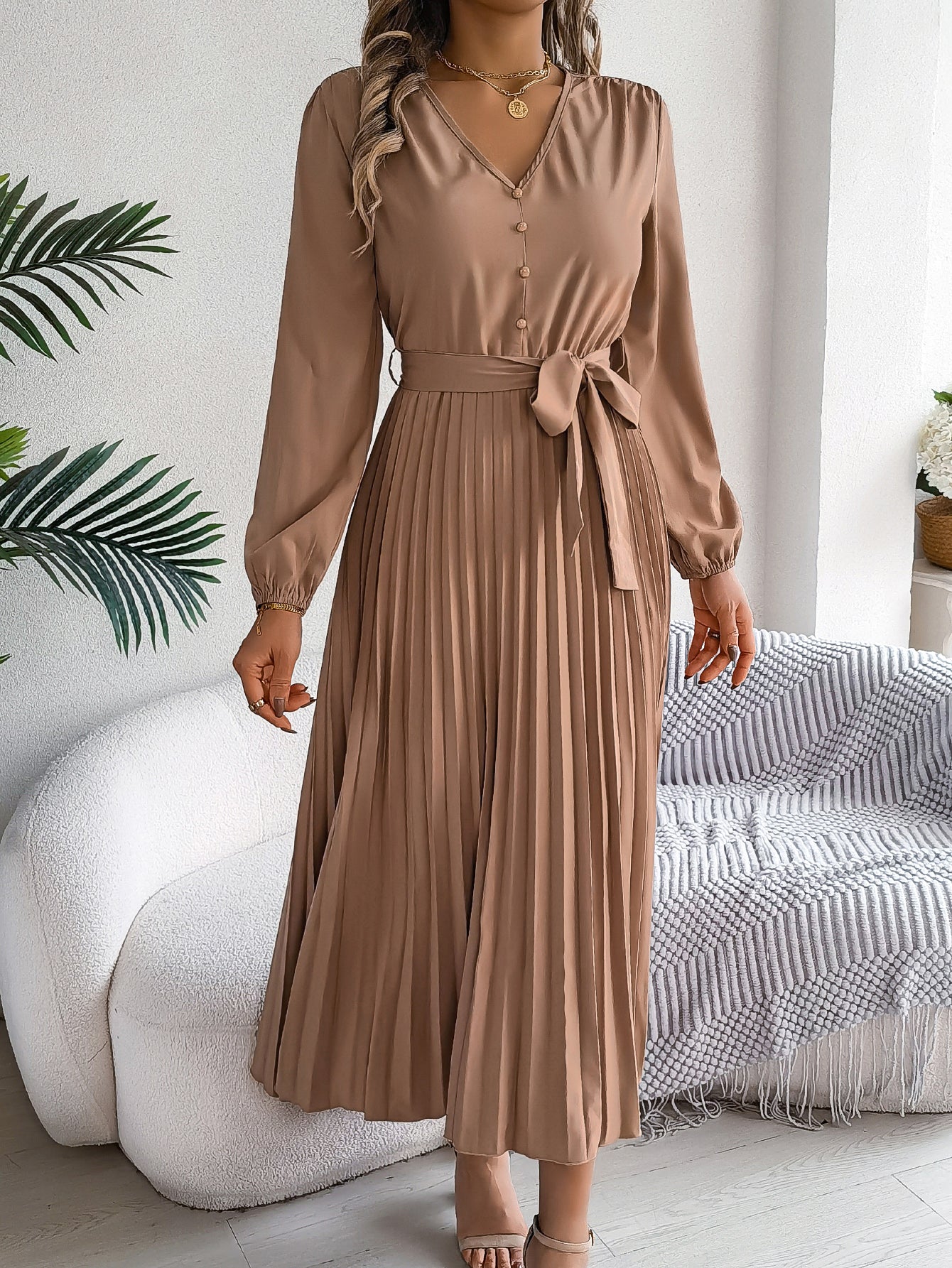 Women's Elegant V-Neck Button Tie-Waist Flared Pleated Maxi Dress