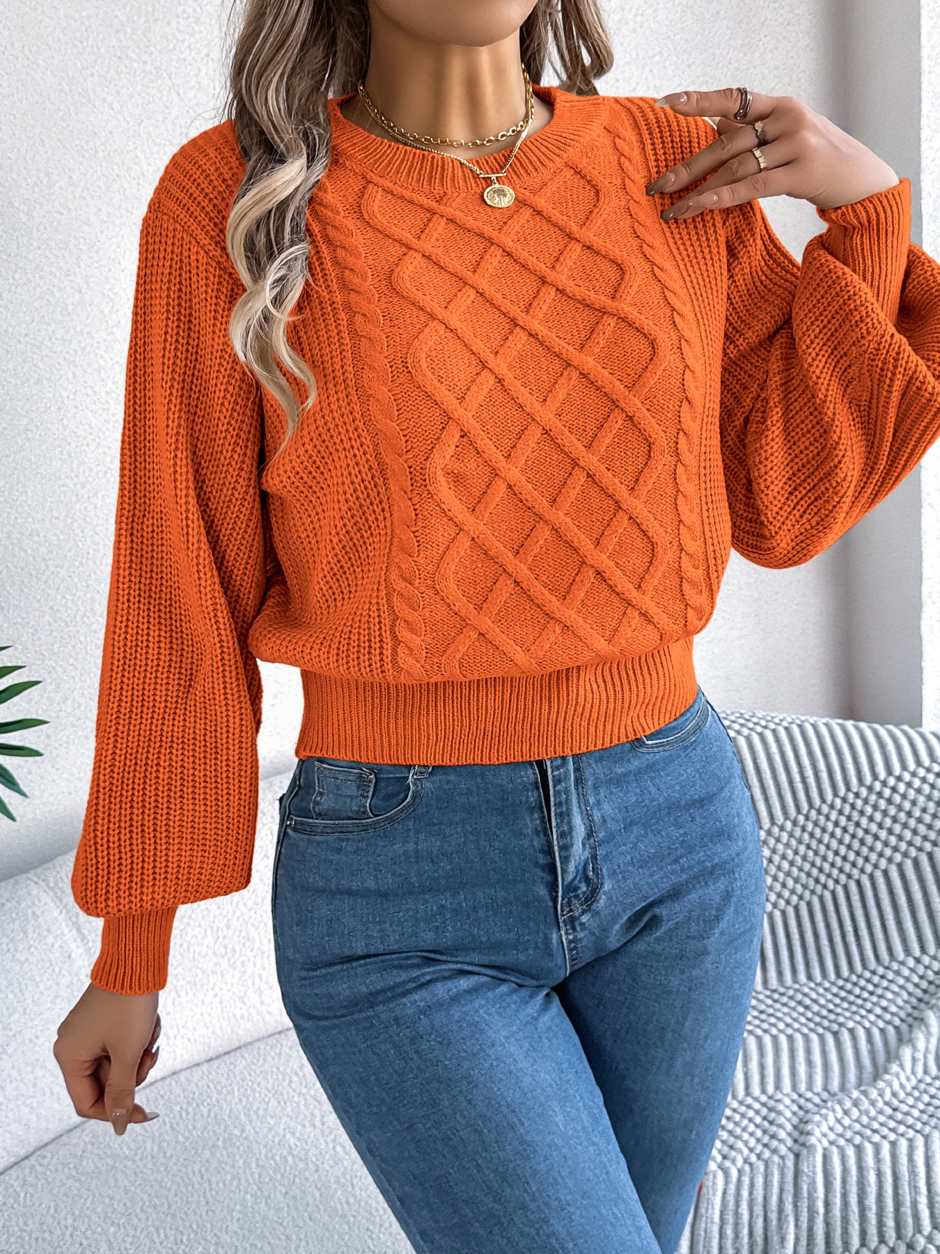Solid Color Cable Knit Lantern Sleeve Cinched Pullover Sweater