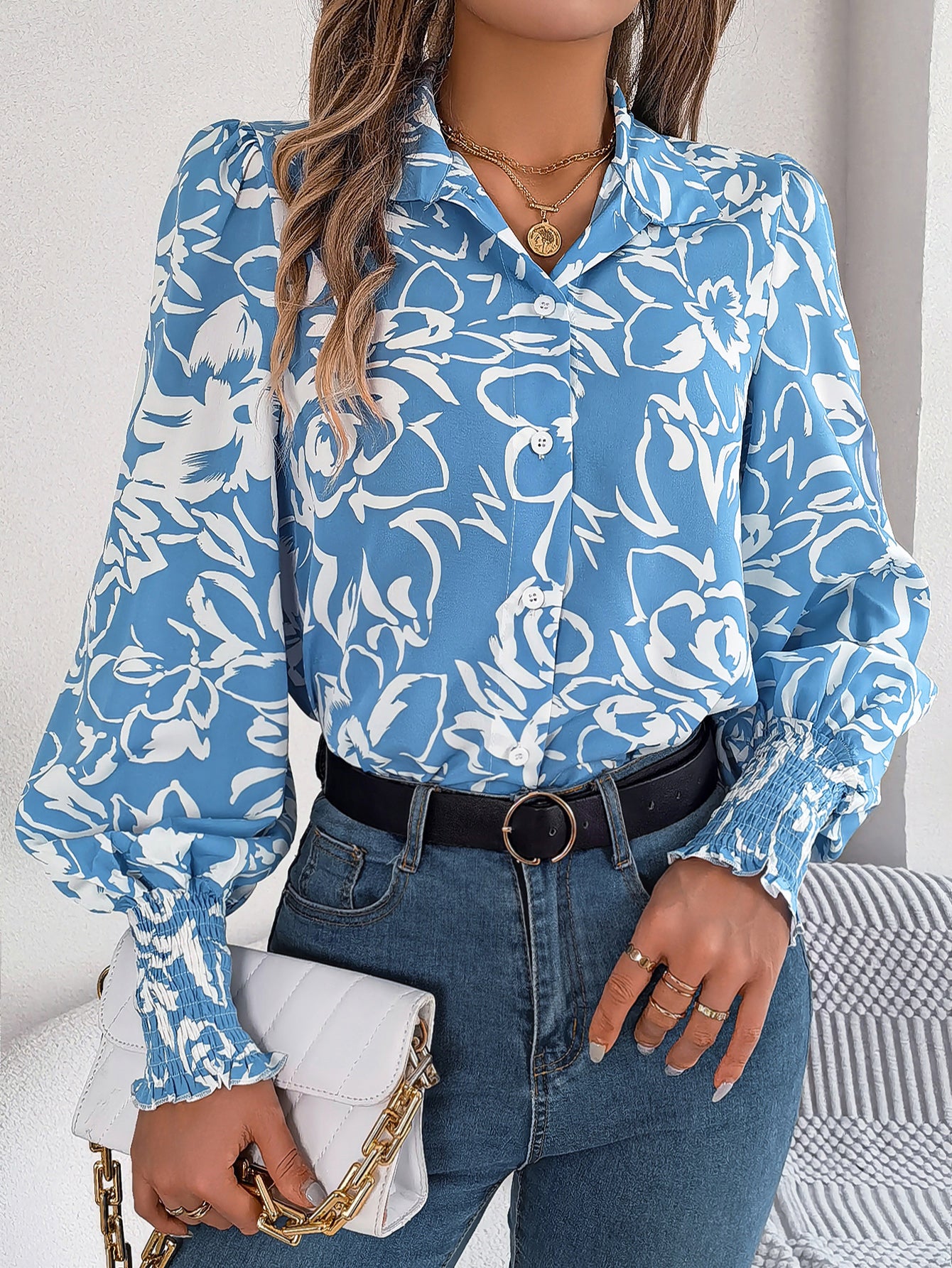 Women's Elegant Color-Blocked Floral Lantern Sleeve Lapel Shirt