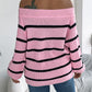 Casual Striped Off-Shoulder Lantern Sleeve Pullover Sweater