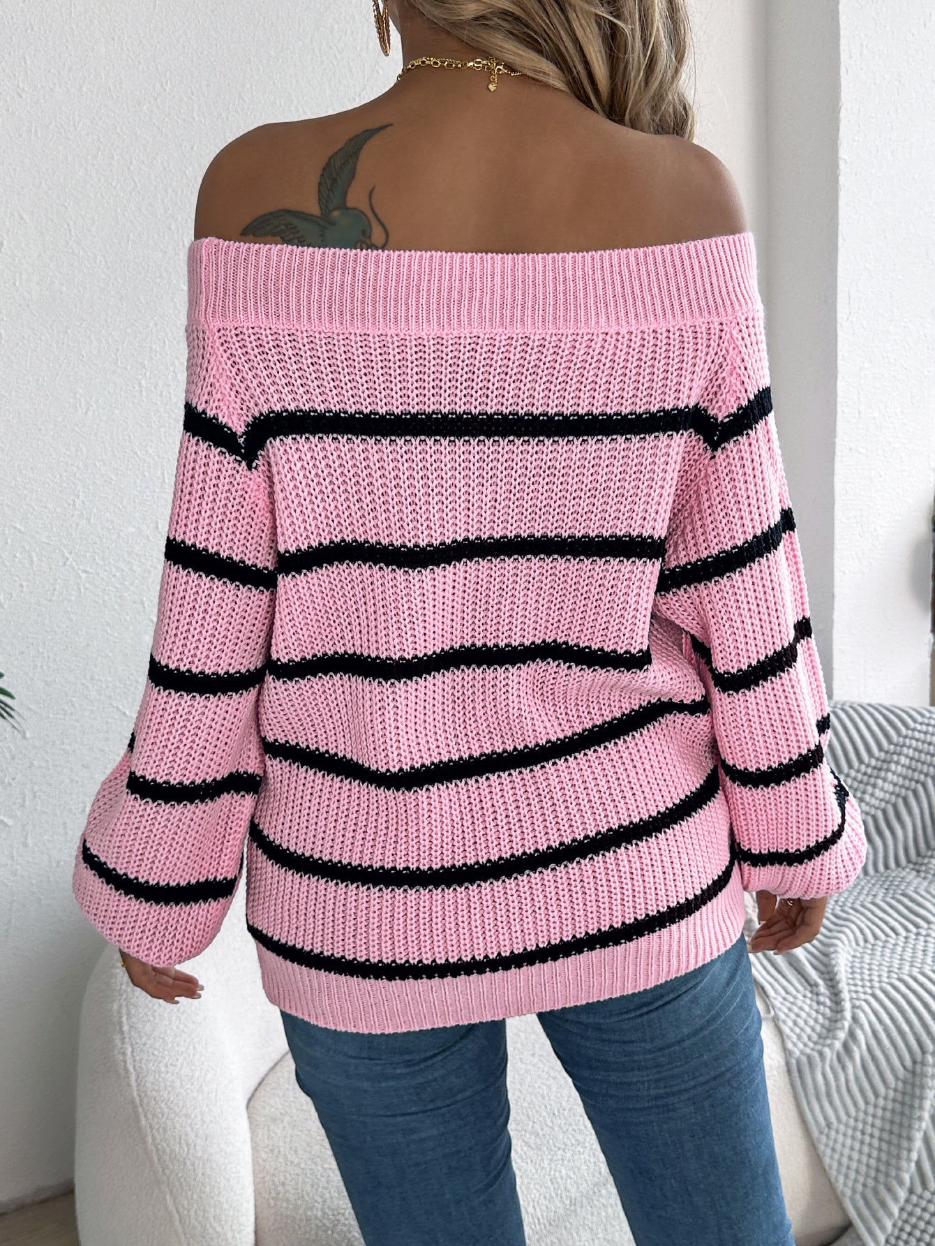 Casual Striped Off-Shoulder Lantern Sleeve Pullover Sweater