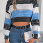 Women Casual Color Block Lantern Sleeve Cropped Pullover Sweater