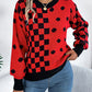 Women Casual Color Block Polka Dot Plaid Lantern Sleeve Pullover Sweater