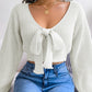 Women Fashion Bow V-Neck Lantern Sleeve Cropped Sweater