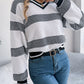 Women V-Neck Color Block Stripe Lantern Sleeve Pullover Sweater