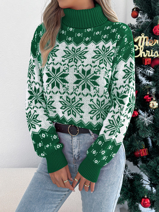 Snowflake Pattern Lantern Sleeve Turtleneck Pullover Sweater